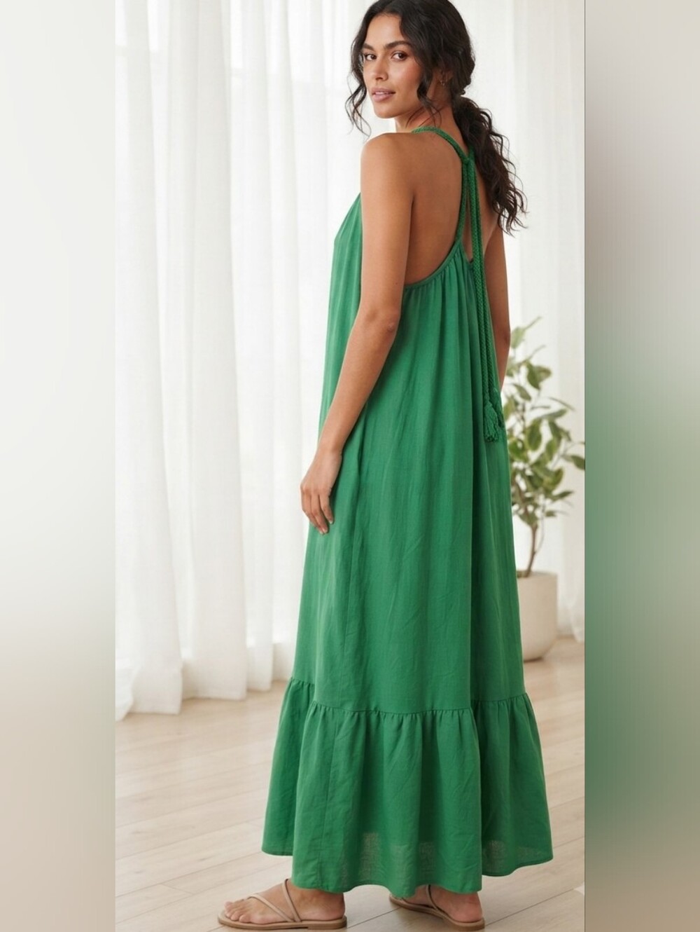 Green Halter Maxi Dress, Tiered Hem, Braided Details, Beachy/Vacation Style